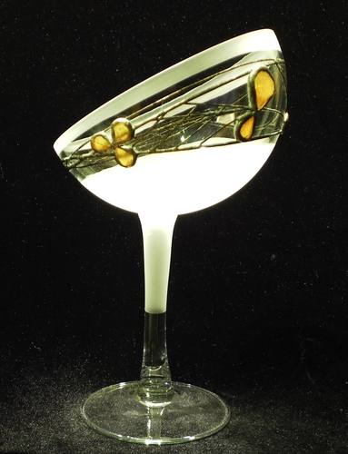 Frosted Glass Fruit Bowl decorated with Tin and Amber. Half slope shape. Height 25cm.