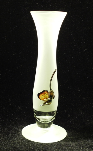Trumpet frosted glass vase decorated with silver and amber flower motif.