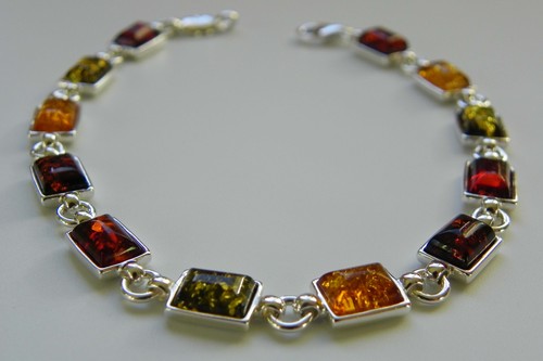 Multicolour Baltic Amber and Sterling Silver Bracelet