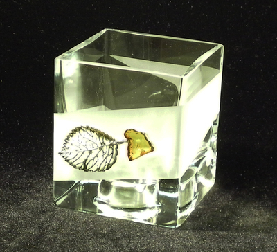 Frosted Glass Vase and Candle Holder with  Silver and Amber Tree motif .Two ways use. Cubic shape. Height 10cm.