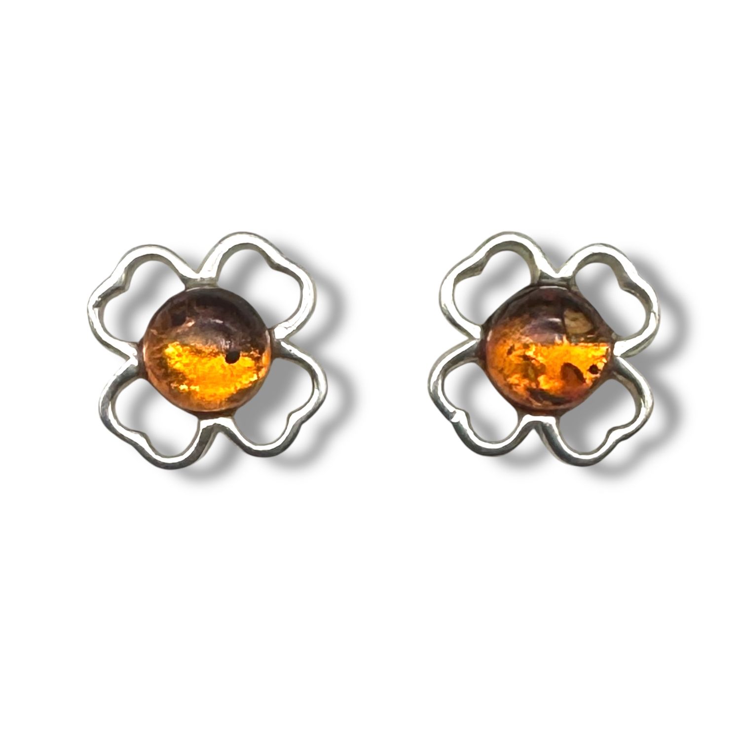 Sterling Silver and Amber Clover Earrings - Studs