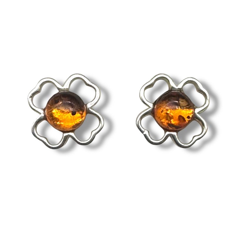 Sterling Silver and Amber Clover Earrings - Studs