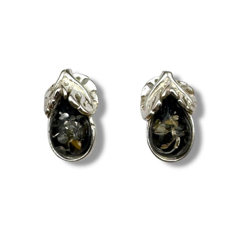 Sterling Silver and Green Amber Earrings - Studs