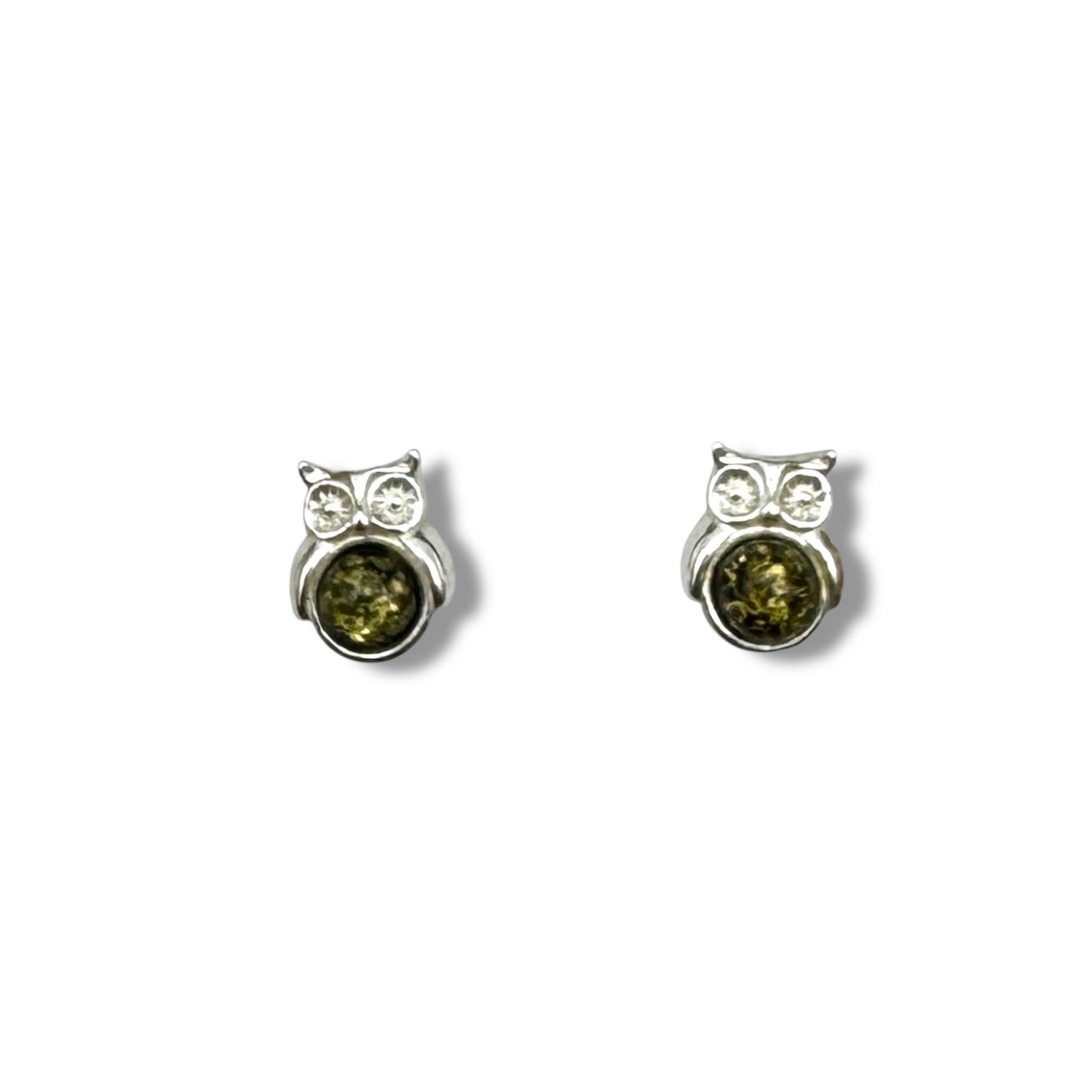 Sterling Silver and Green Amber Owl Earrings - Studs