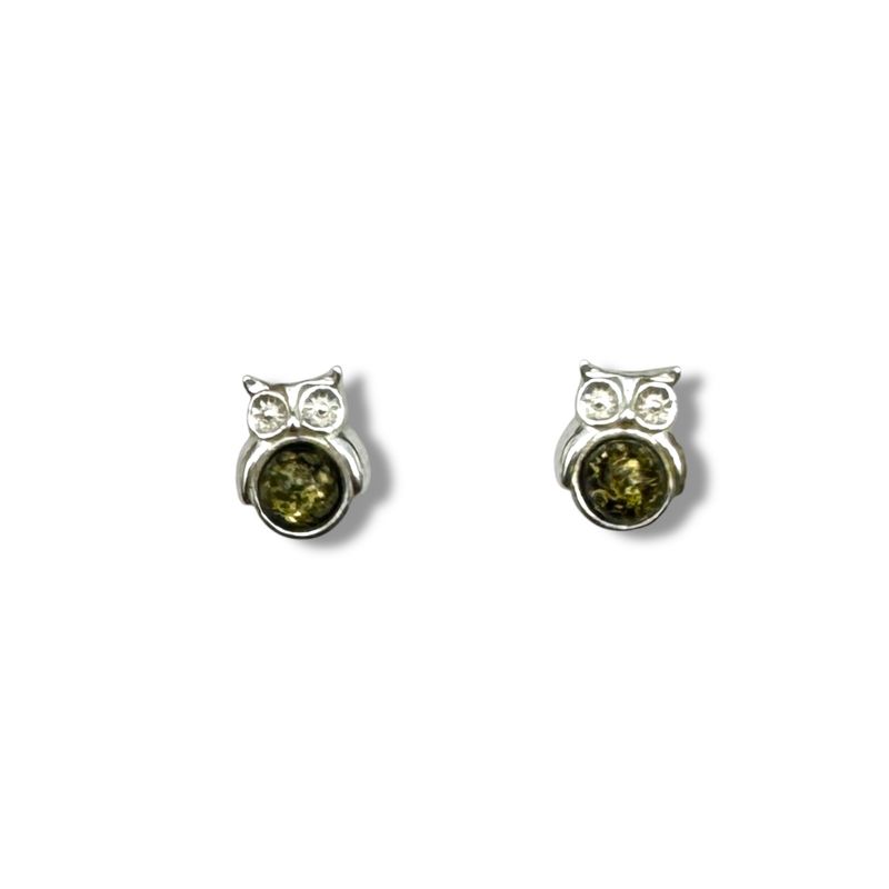 Sterling Silver and Green Amber Owl Earrings - Studs