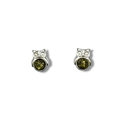 Sterling Silver and Green Amber Owl Earrings - Studs