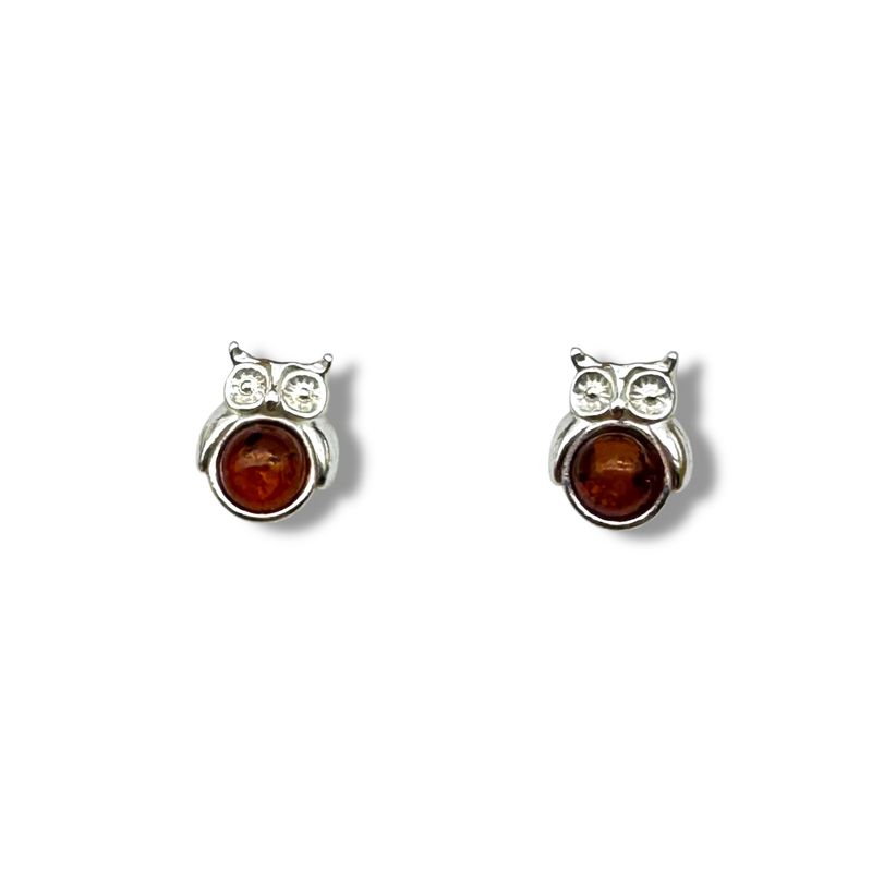 Sterling Silver and Cognac Amber Owl Earrings - Studs