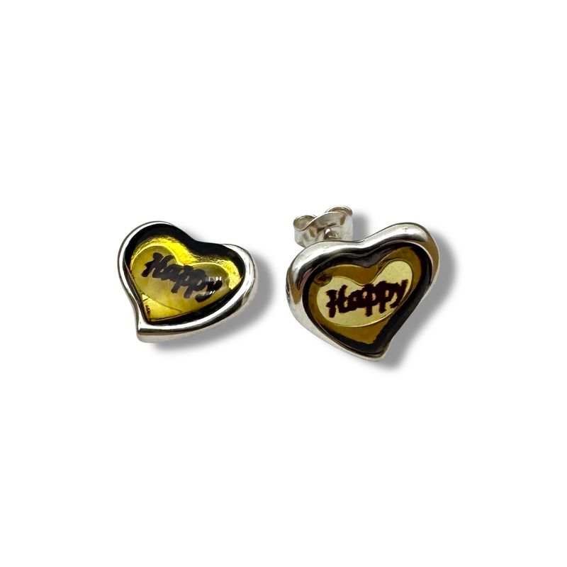 Sterling Silver and Happy Heart Amber Earrings - Studs