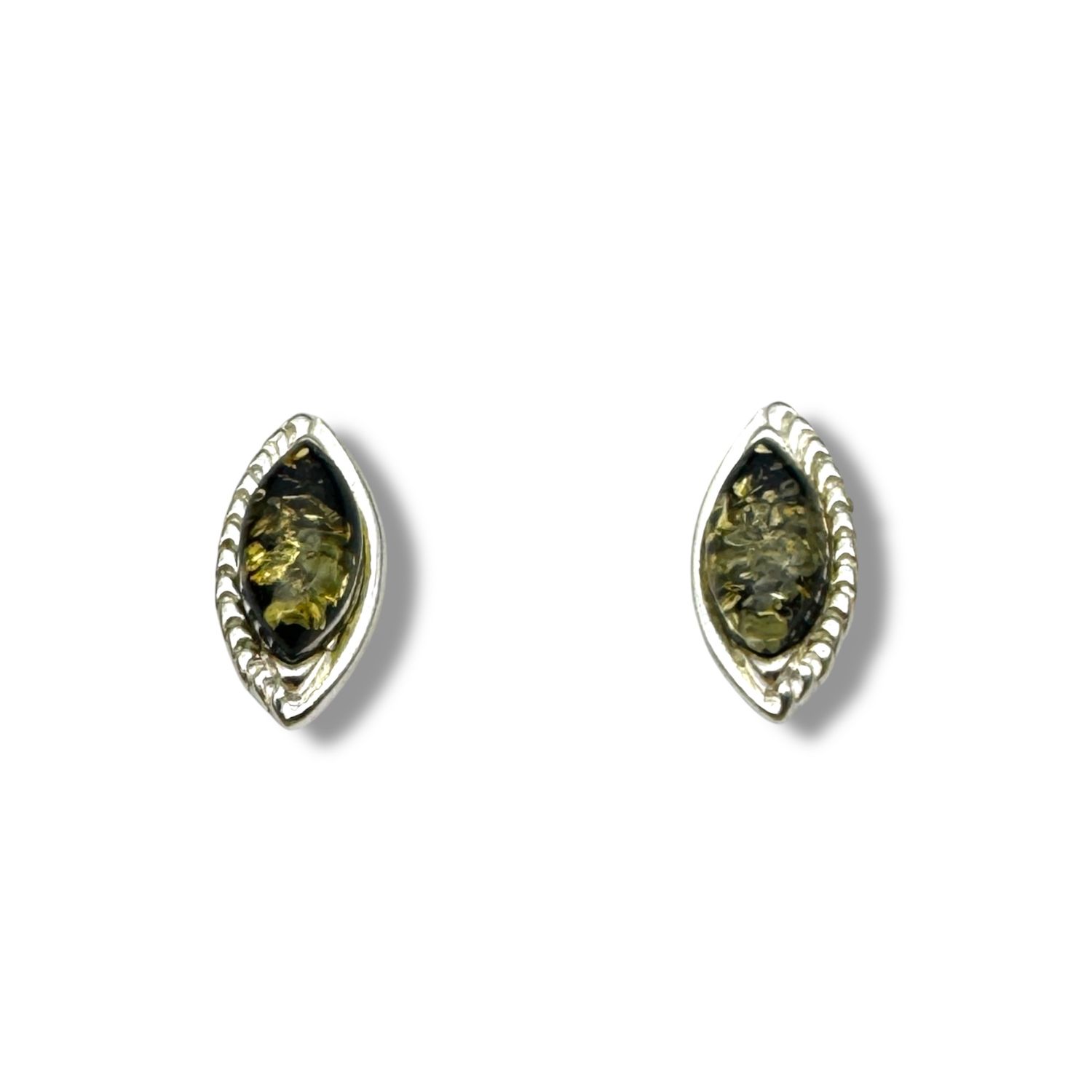 Sterling Silver and Green Amber Earrings - Studs