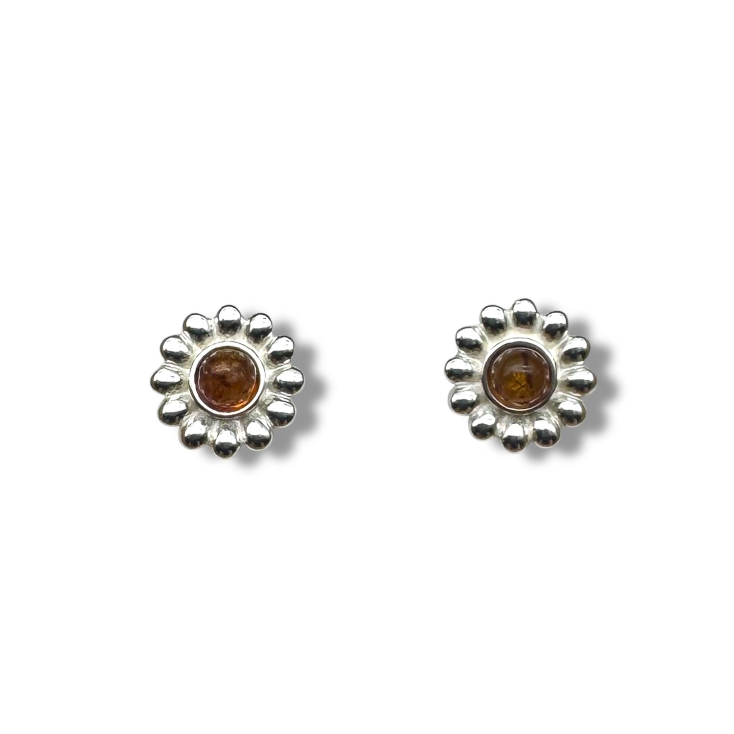 Sterling Silver and Flower Amber Earrings - Studs