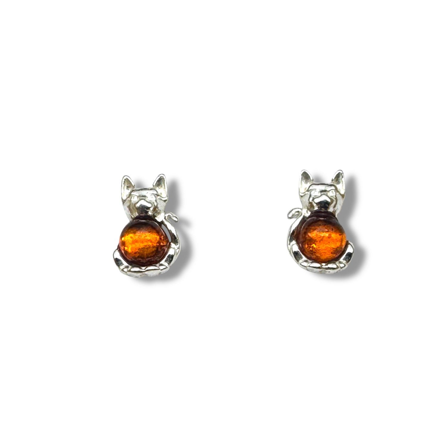 Sterling Silver and  Amber Cognac Cats Earrings - Studs