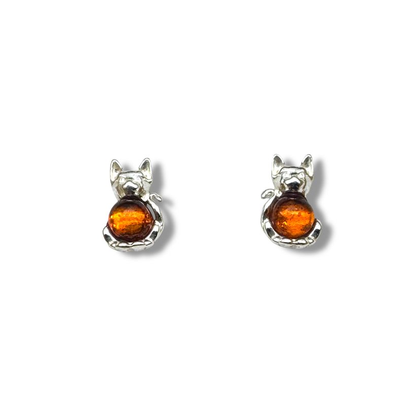 Sterling Silver and  Amber Cognac Cats Earrings - Studs