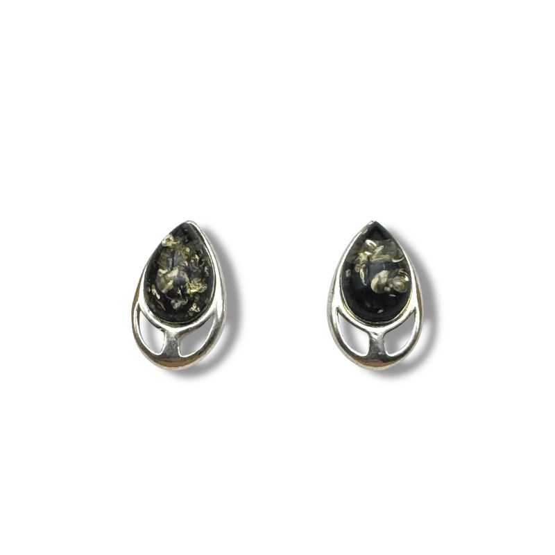Sterling Silver and  Amber Green Earrings - Studs