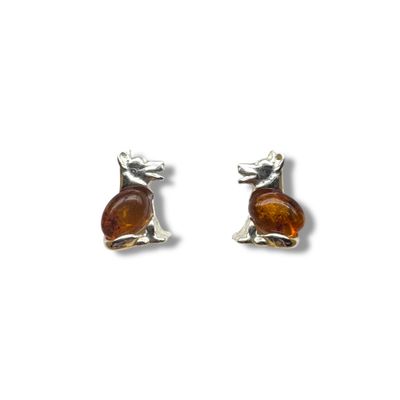 Sterling Silver and  Amber Cognac Dogs Earrings - Studs