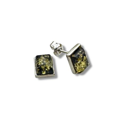 Sterling Silver and Green Amber Earrings - Studs