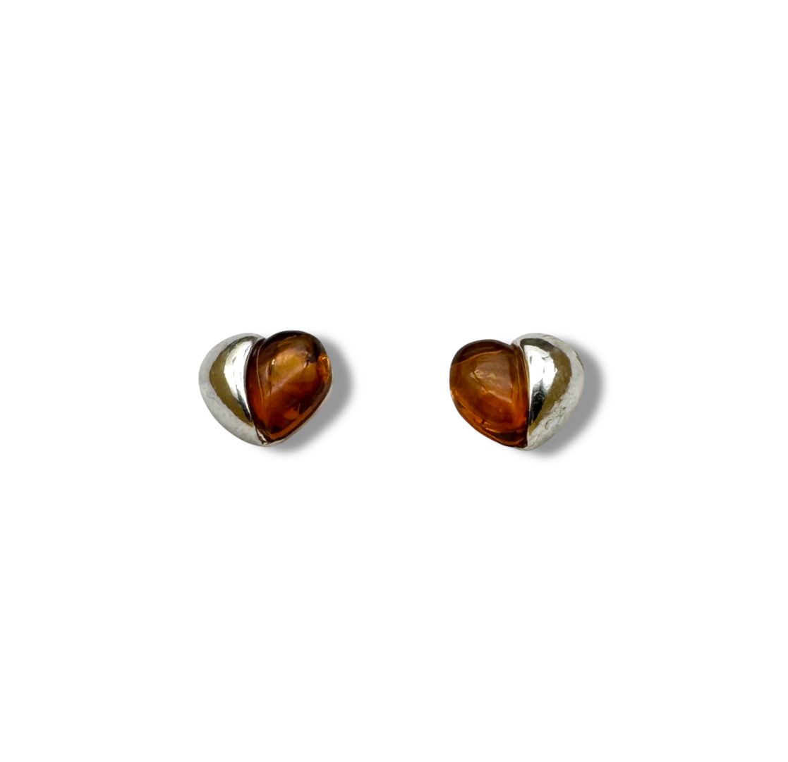 Sterling Silver and Cognac Amber Hearts Earrings - Studs
