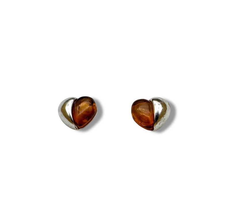 Sterling Silver and Cognac Amber Hearts Earrings - Studs