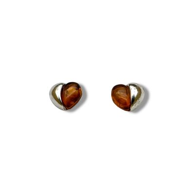 Sterling Silver and Cognac Amber Hearts Earrings - Studs