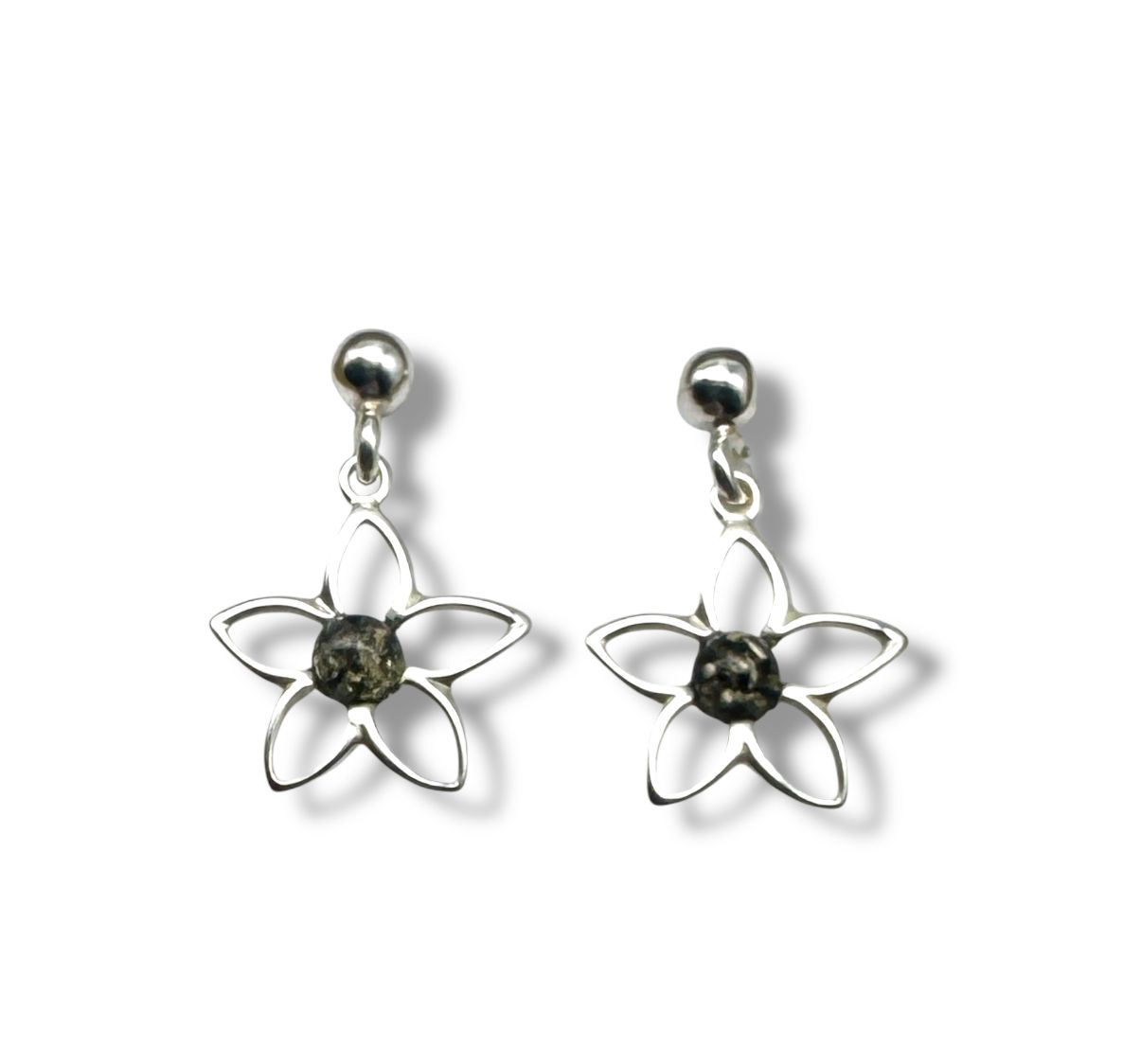 Sterling Silver and  Green Amber Flowers Drop Earrings
