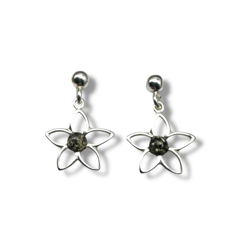 Sterling Silver and  Green Amber Flowers Drop Earrings