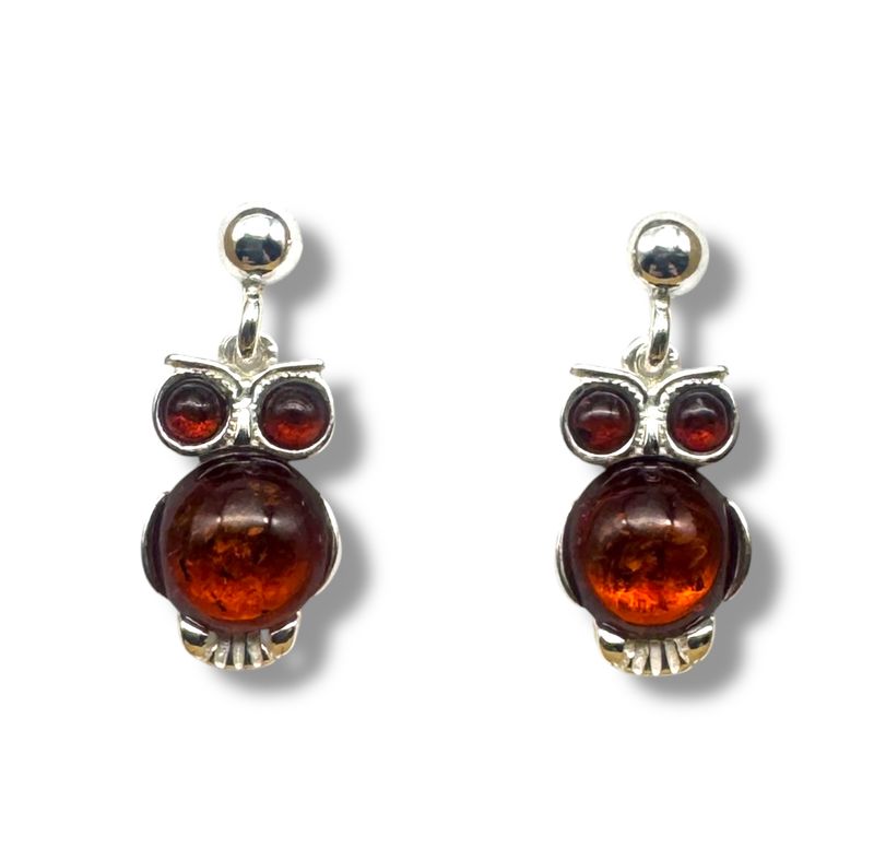Sterling Silver Amber Owl Drop Earrings