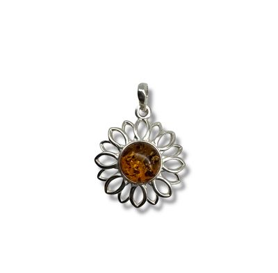 Sterling Silver Amber Flower Pendant