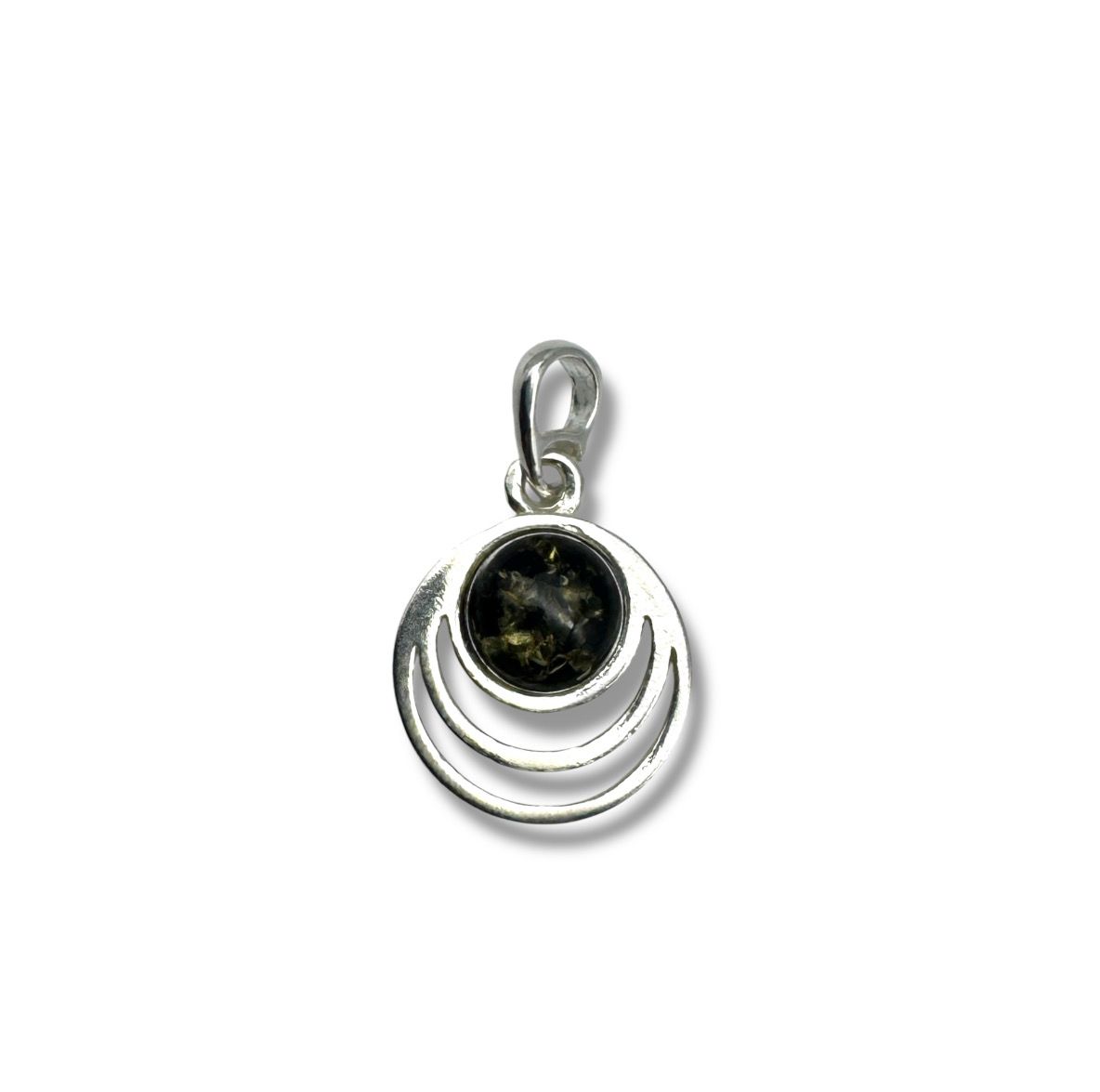 Sterling Silver Circles Green  Amber Pendant