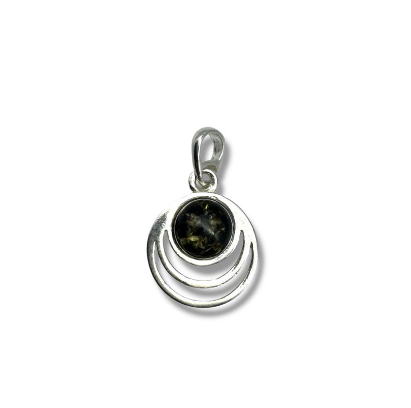Sterling Silver Circles Green  Amber Pendant
