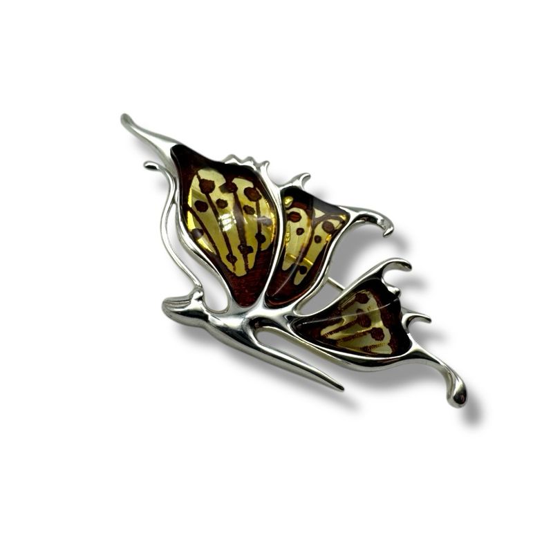 Sterling Silver Laser Engraved Amber Brooch