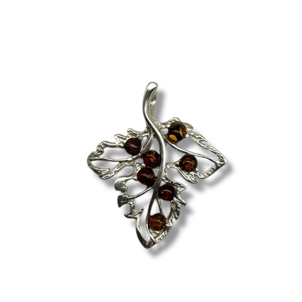 Sterling Silver Cognac Amber Leaf  Pendant
