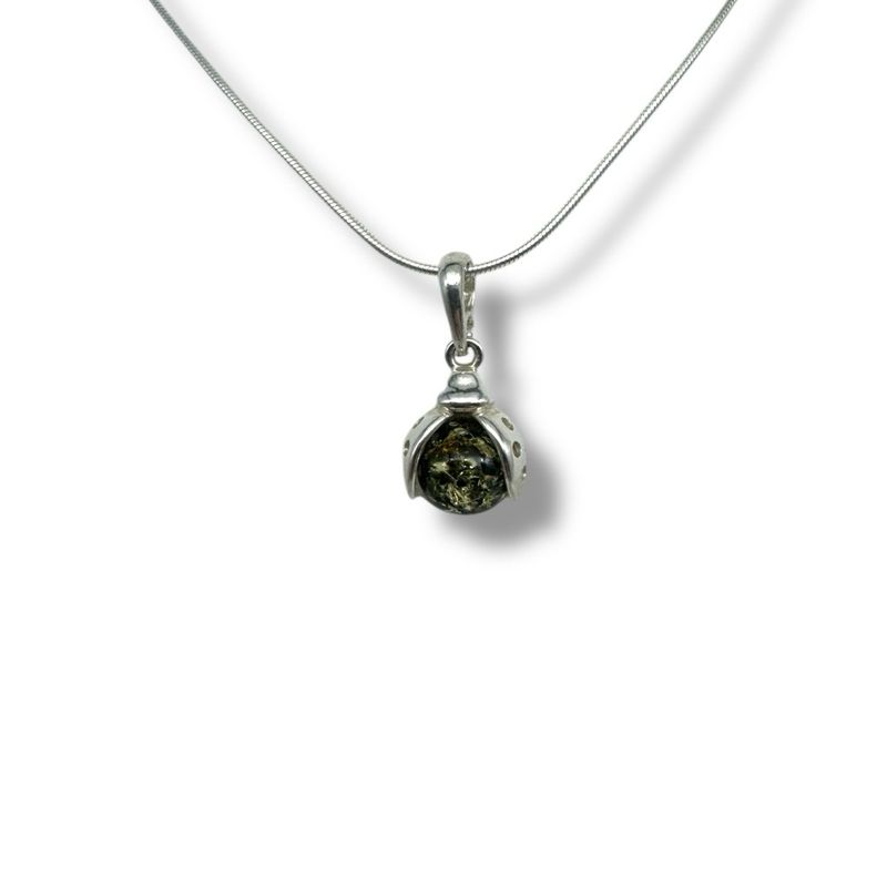 Sterling Silver Green Amber Ladybird Pendant