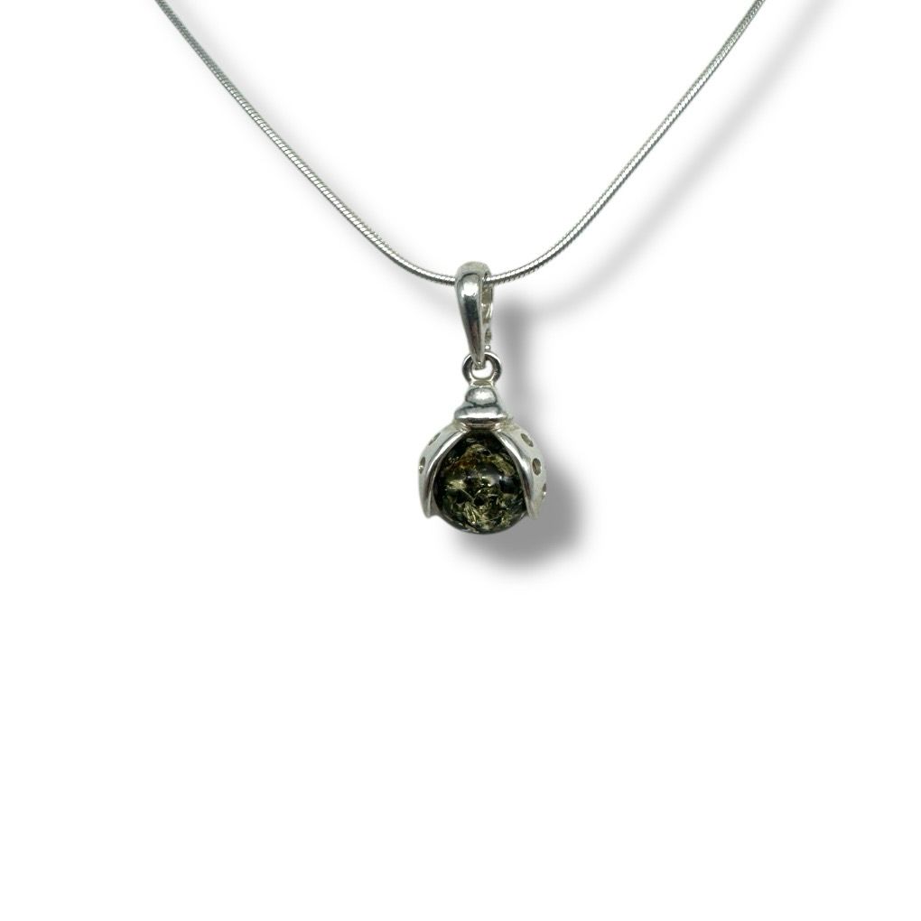 Sterling Silver Green Amber Ladybird Pendant