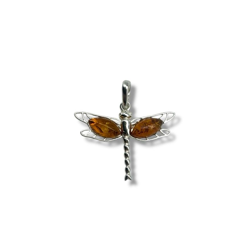 Sterling Silver Cognac Amber  Dragonfly Pendant
