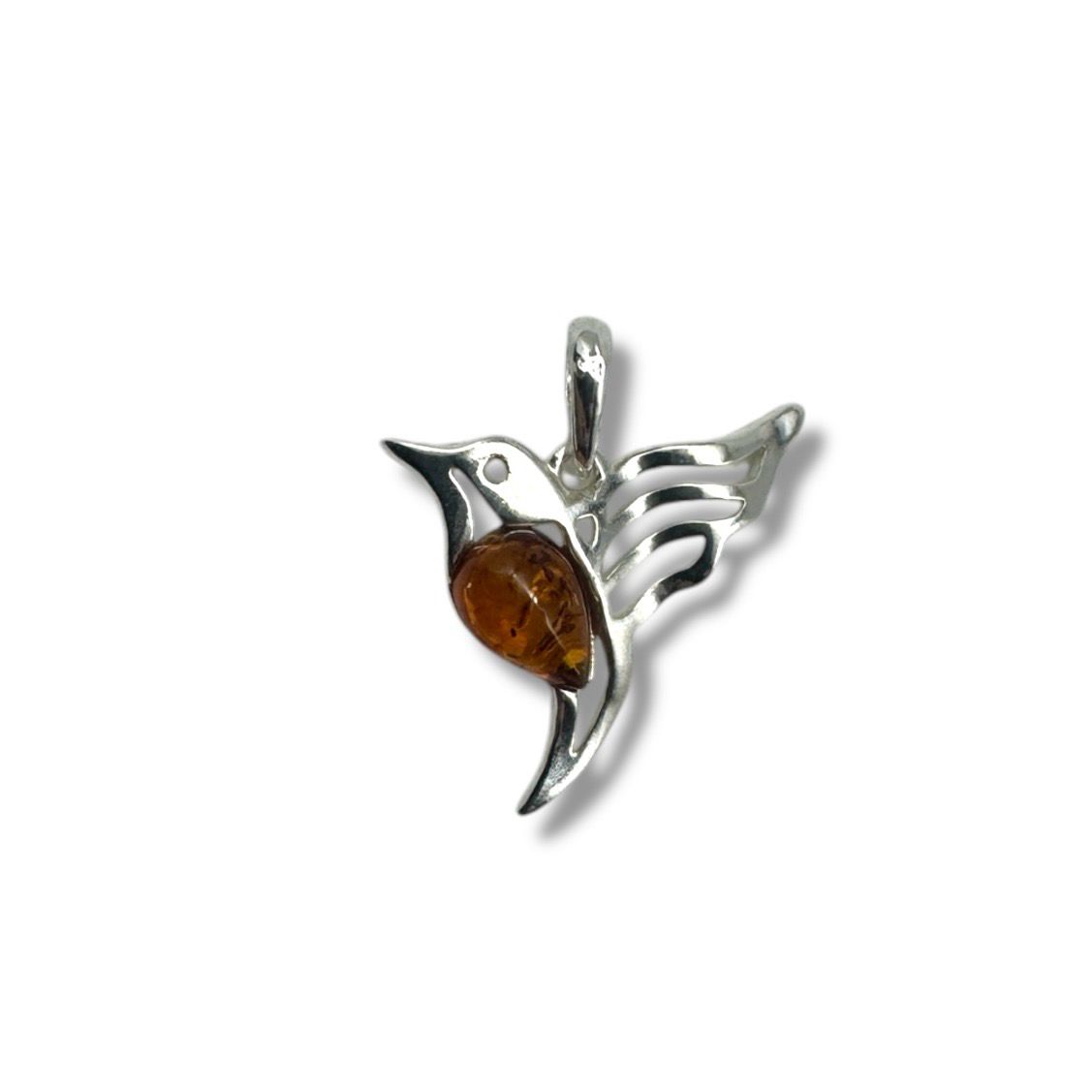 Sterling Silver Cognac Amber Hummingbird Pendant