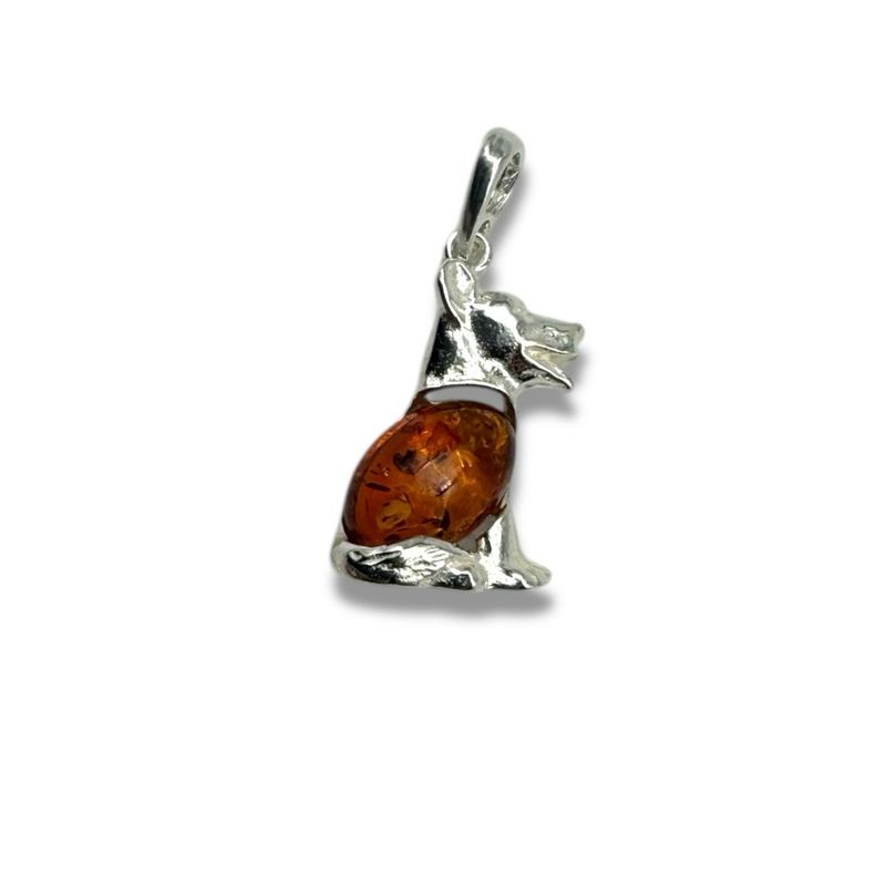 Sterling Silver Cognac Amber Dog Pendant