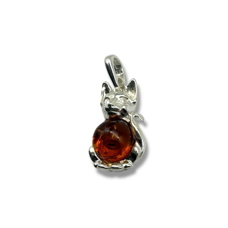 Sterling Silver Cognac Amber Cat Pendant
