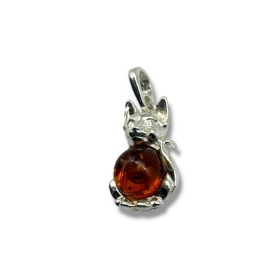 Sterling Silver Cognac Amber Cat Pendant