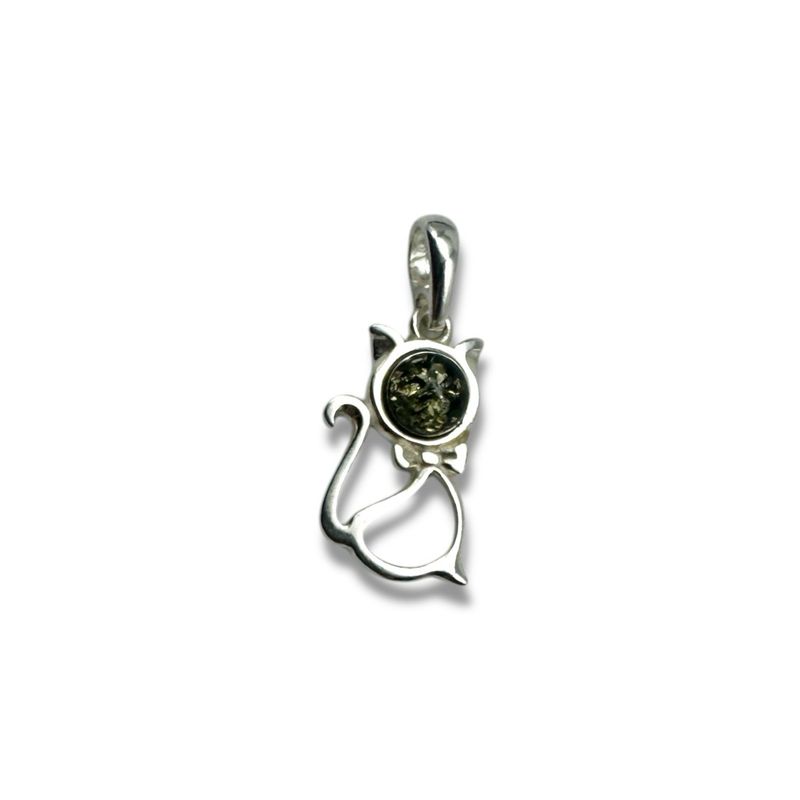 Sterling Silver Green Amber  Cat Pendant