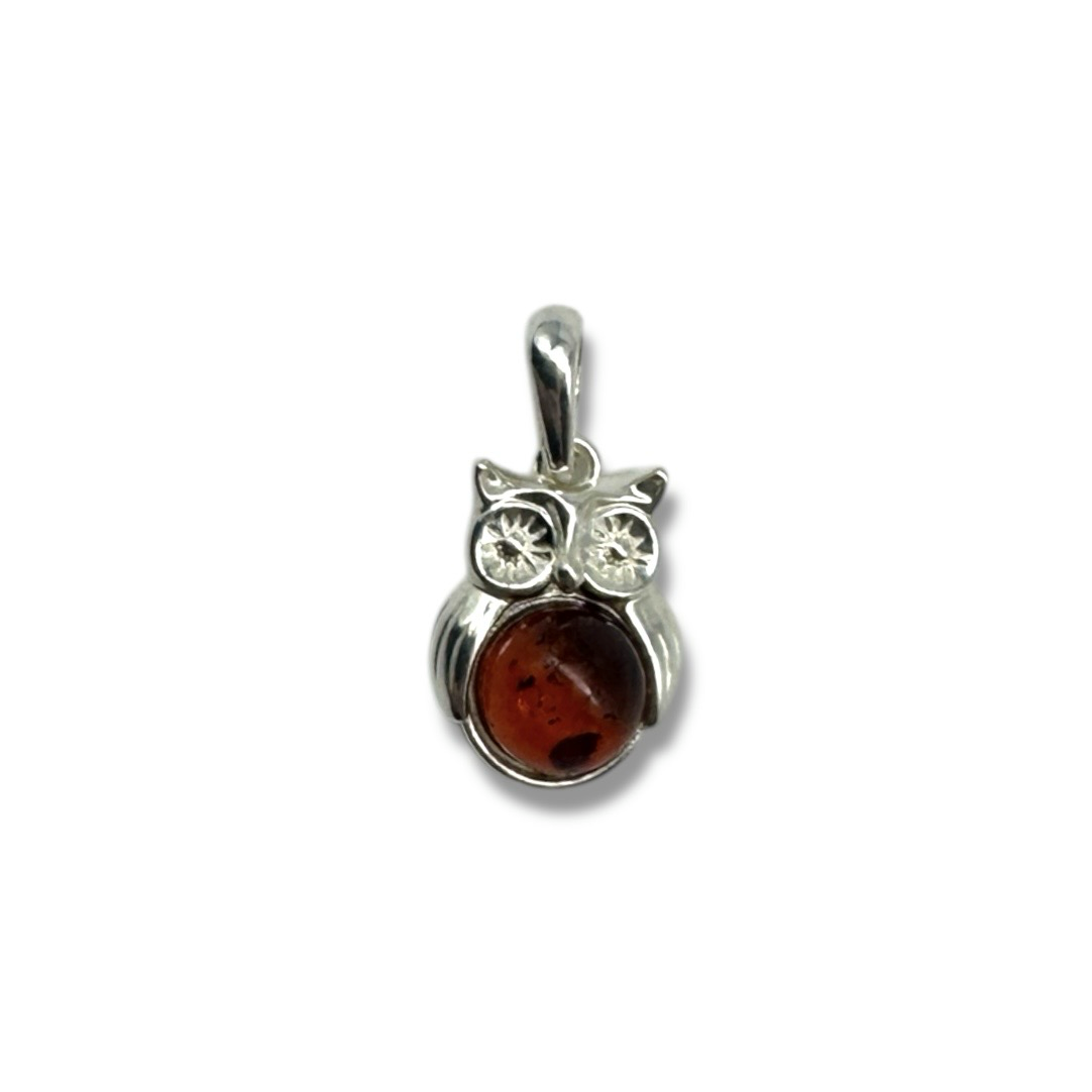 Sterling Silver Cognac Amber  Owl Pendant