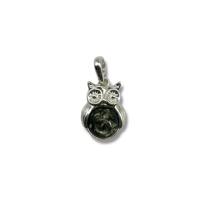Sterling Silver Green Amber Owl Pendant