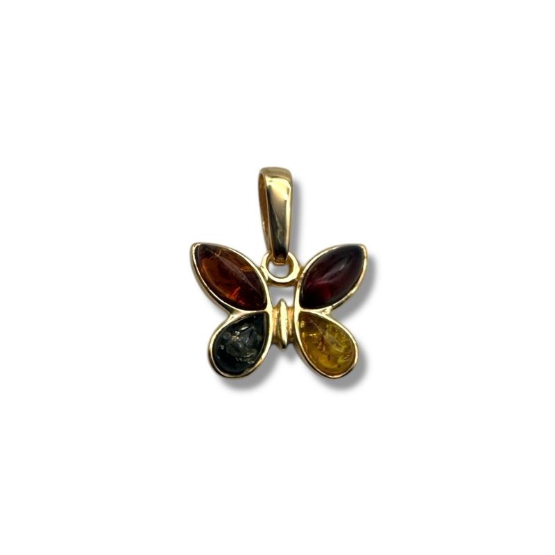Gold Coated Sterling Silver Multicolour Baltic Amber Butterfly Pendant