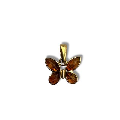 Gold Coated Sterling Silver Cognac Baltic Amber Butterfly Pendant
