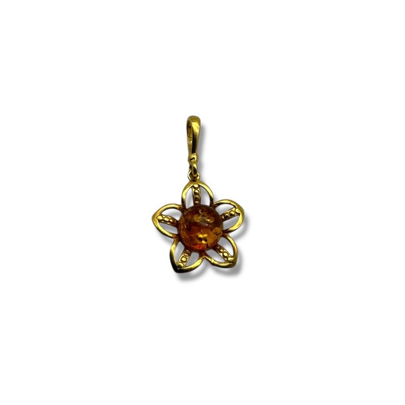 Gold Coated Sterling Silver Cognac Baltic Amber Flower Pendant