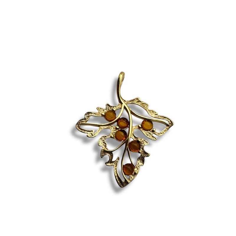 Gold Coated Sterling Silver Cognac Baltic Amber Leaf Pendant