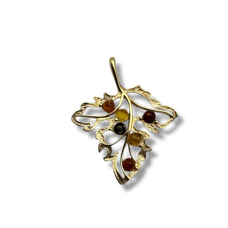 Gold Coated Sterling Silver Multicolour Baltic Amber Leaf Pendant