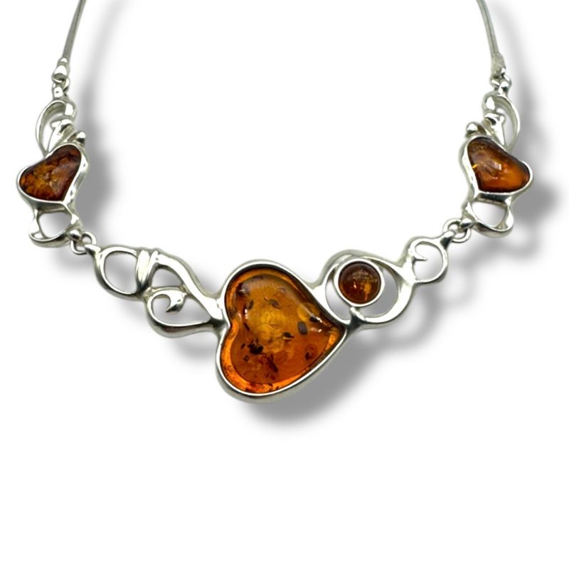 Sterling Silver Cognac Amber Hearts Necklace
