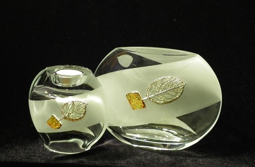 Set of 2 frosted glass vase and vase &amp; candle holder decorated with silver and amber tree motif