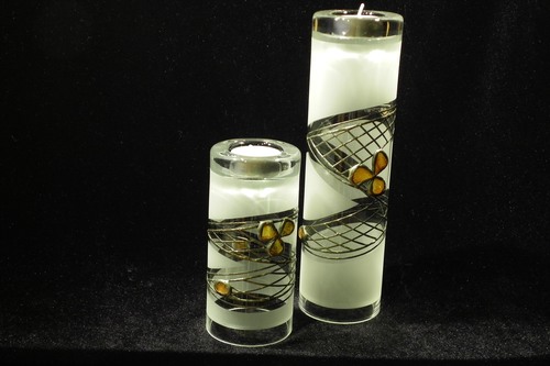 Set of 2 frosted glass vases and candle holders decorated with tin and amber mesh.