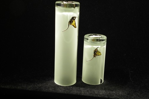 Set of 2 frosted glass vases and candle holders decorated with silver and amber flower motif.