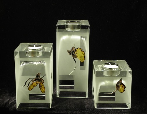 Set of 3 frosted glass vases and candle holders decorated with silver and amber flower motif.